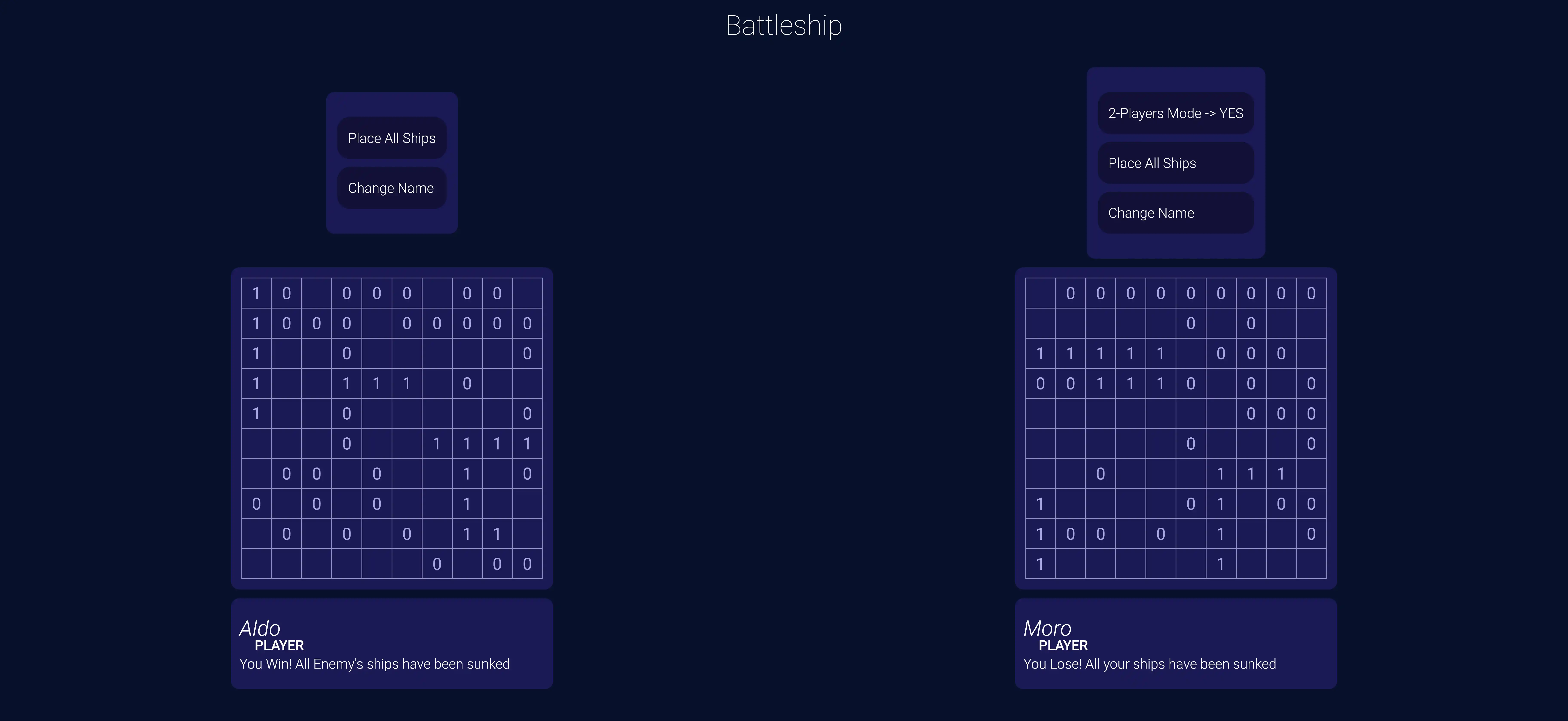 Front-Page of the Project 'BattleShip', Desktop-view of someone winning