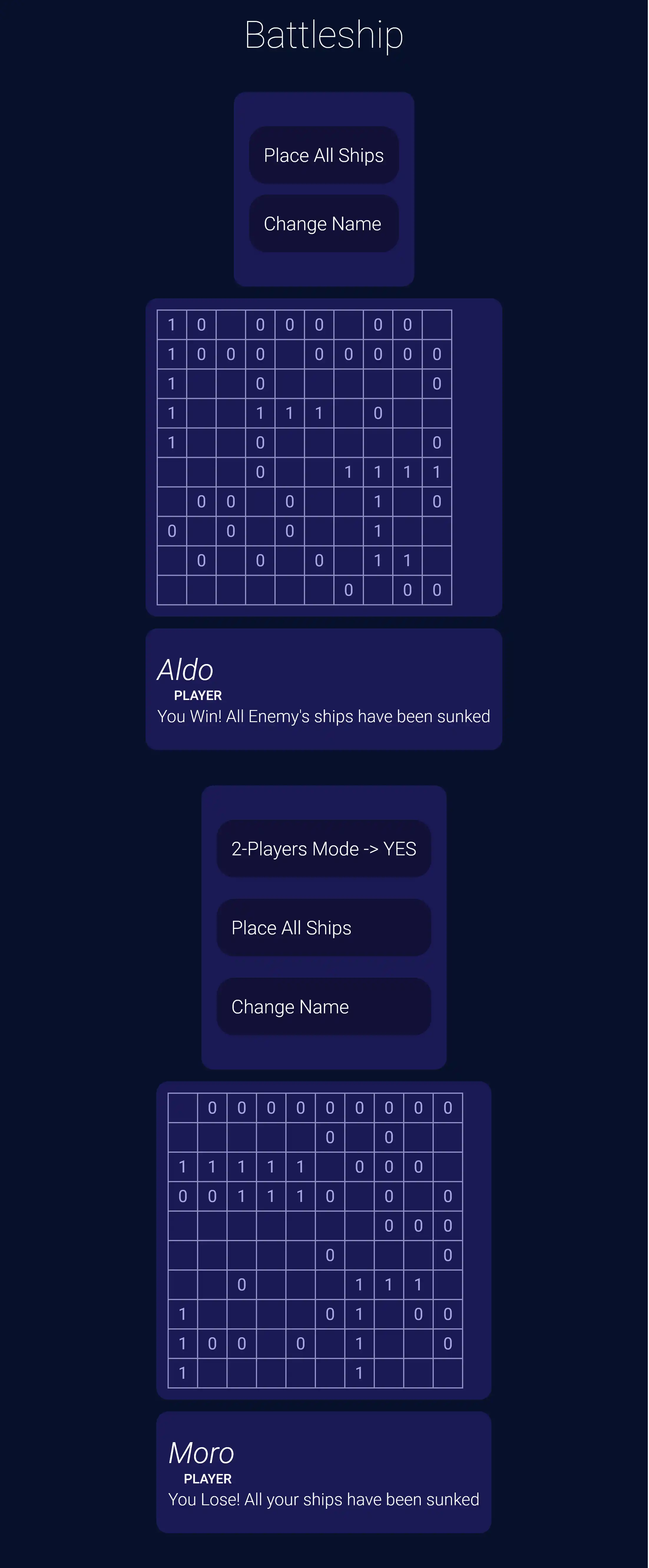 Front-Page of the Project 'BattleShip', Fullscreen Mobile-view of someone winning