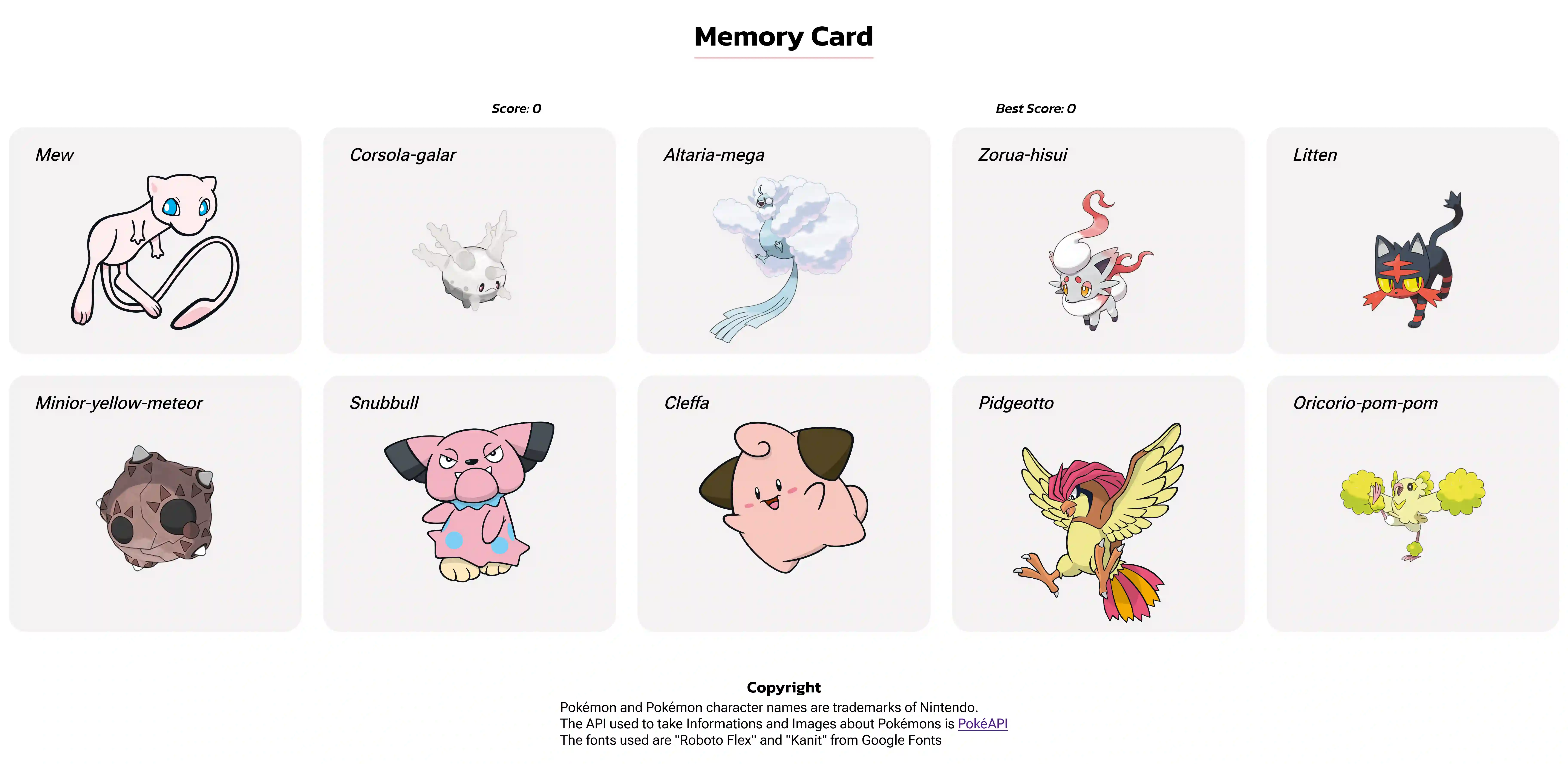 Front-Page of the Project 'Memory Card', Desktop-view