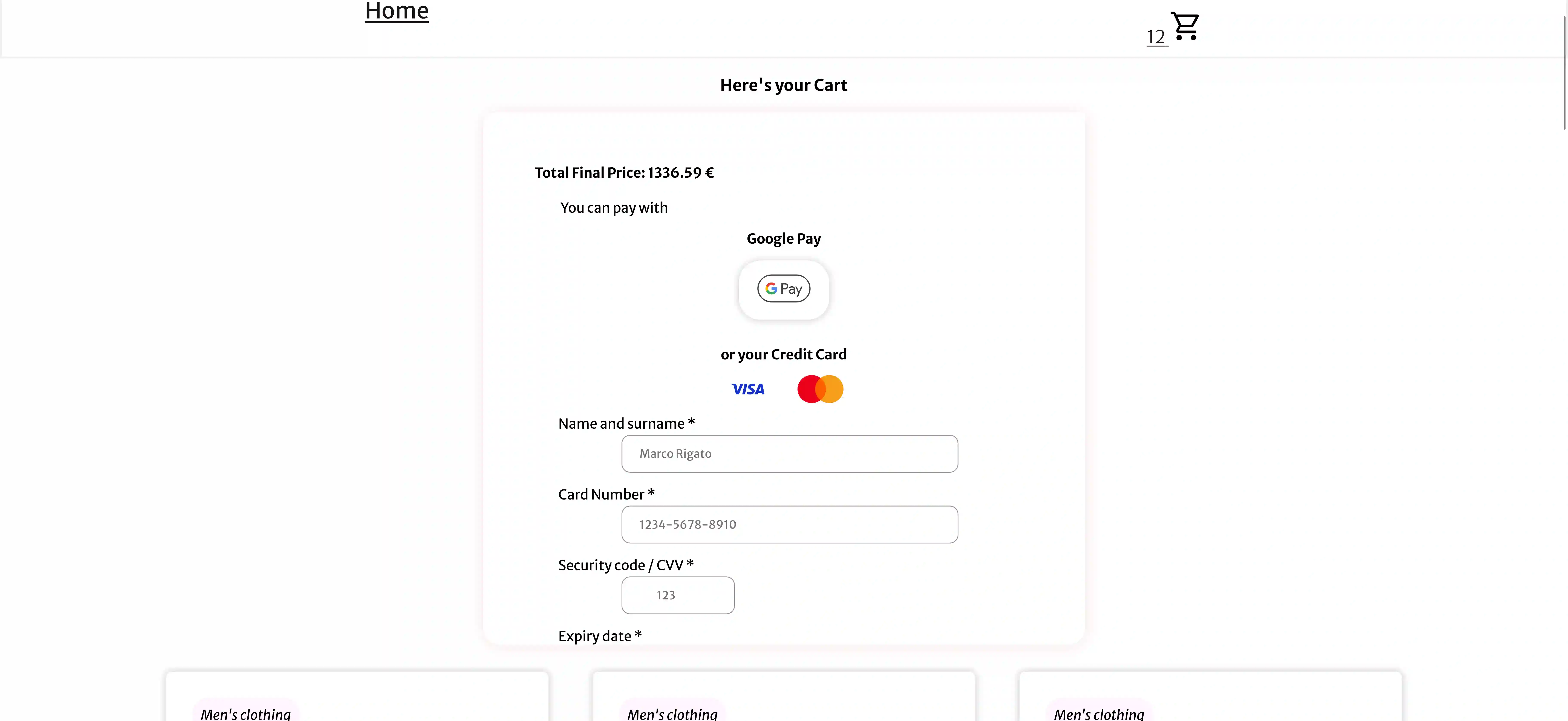 Payout Section of the Project 'Shopping Cart', Desktop-view