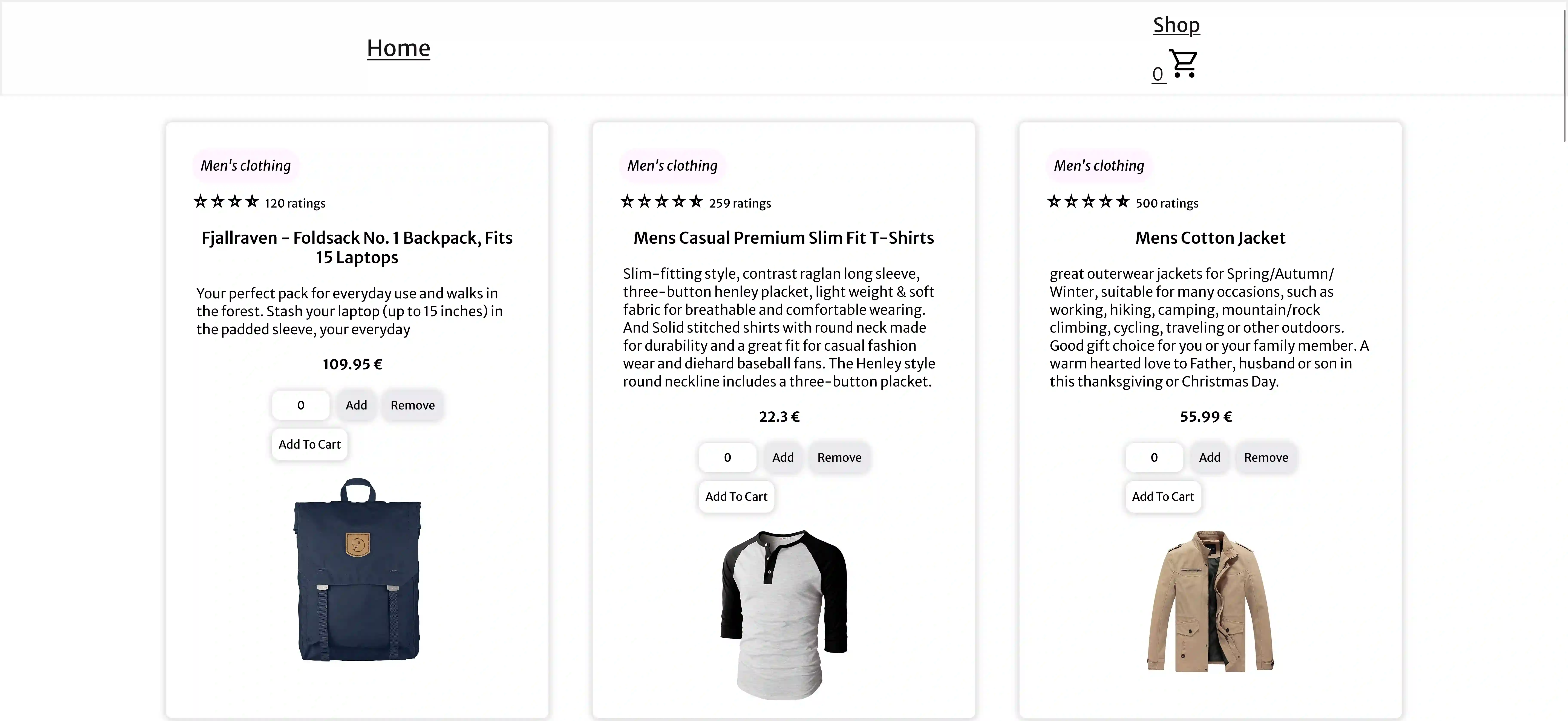 Shop Page of the Project 'Shopping Cart', Desktop-view