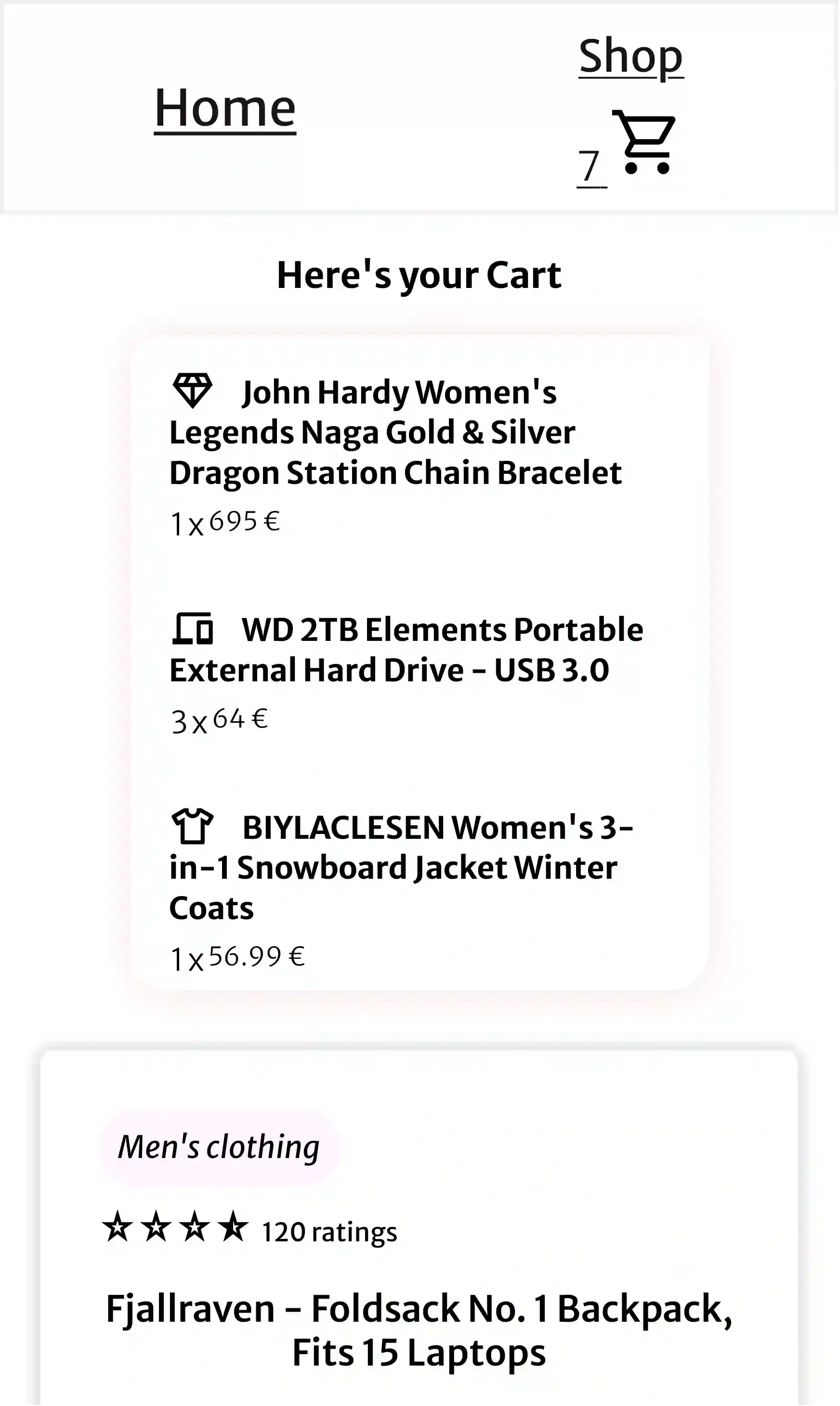 Cart of the Project 'Shopping Cart', Mobile-view