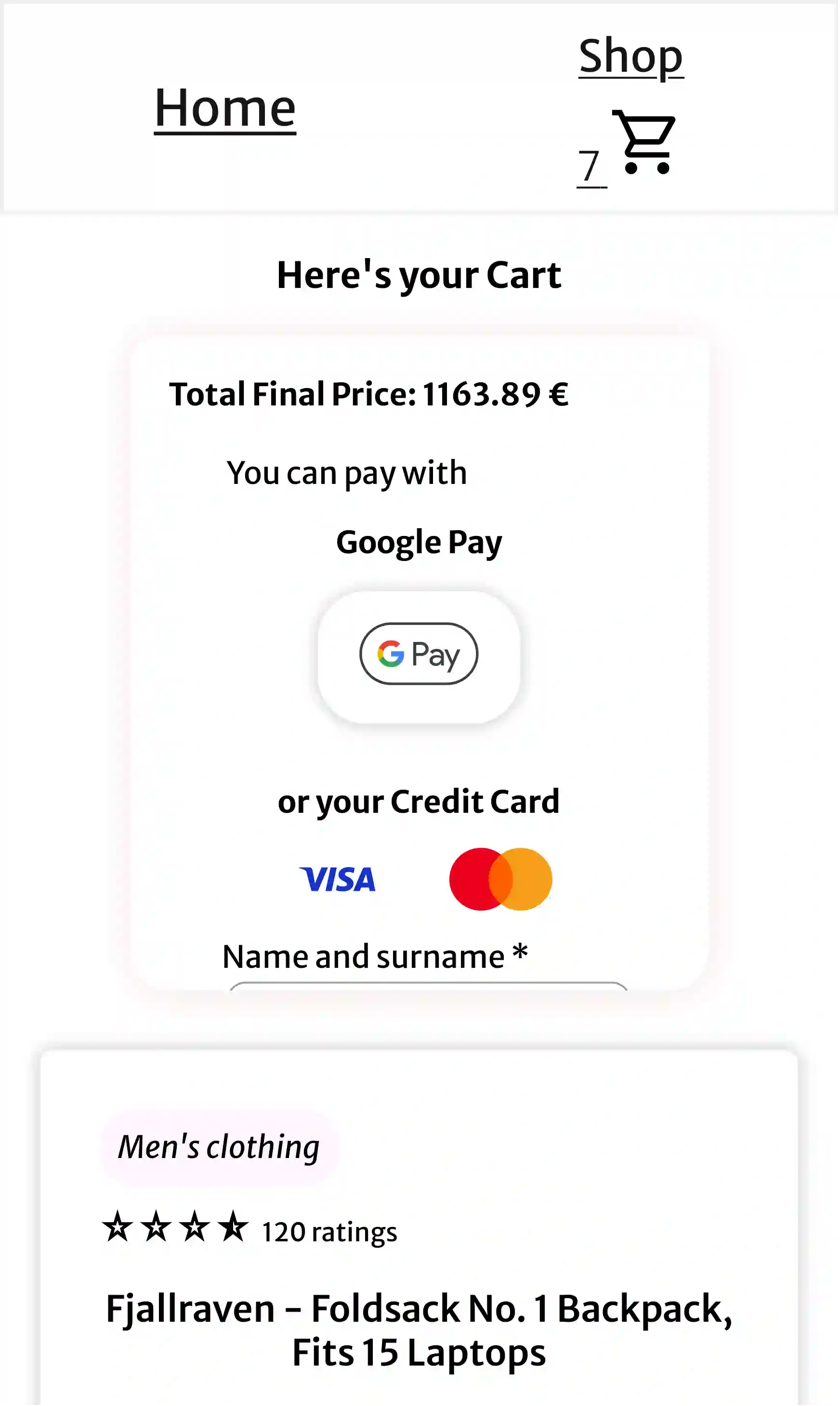 Payout Section of the Project 'Shopping Cart', Mobile-view