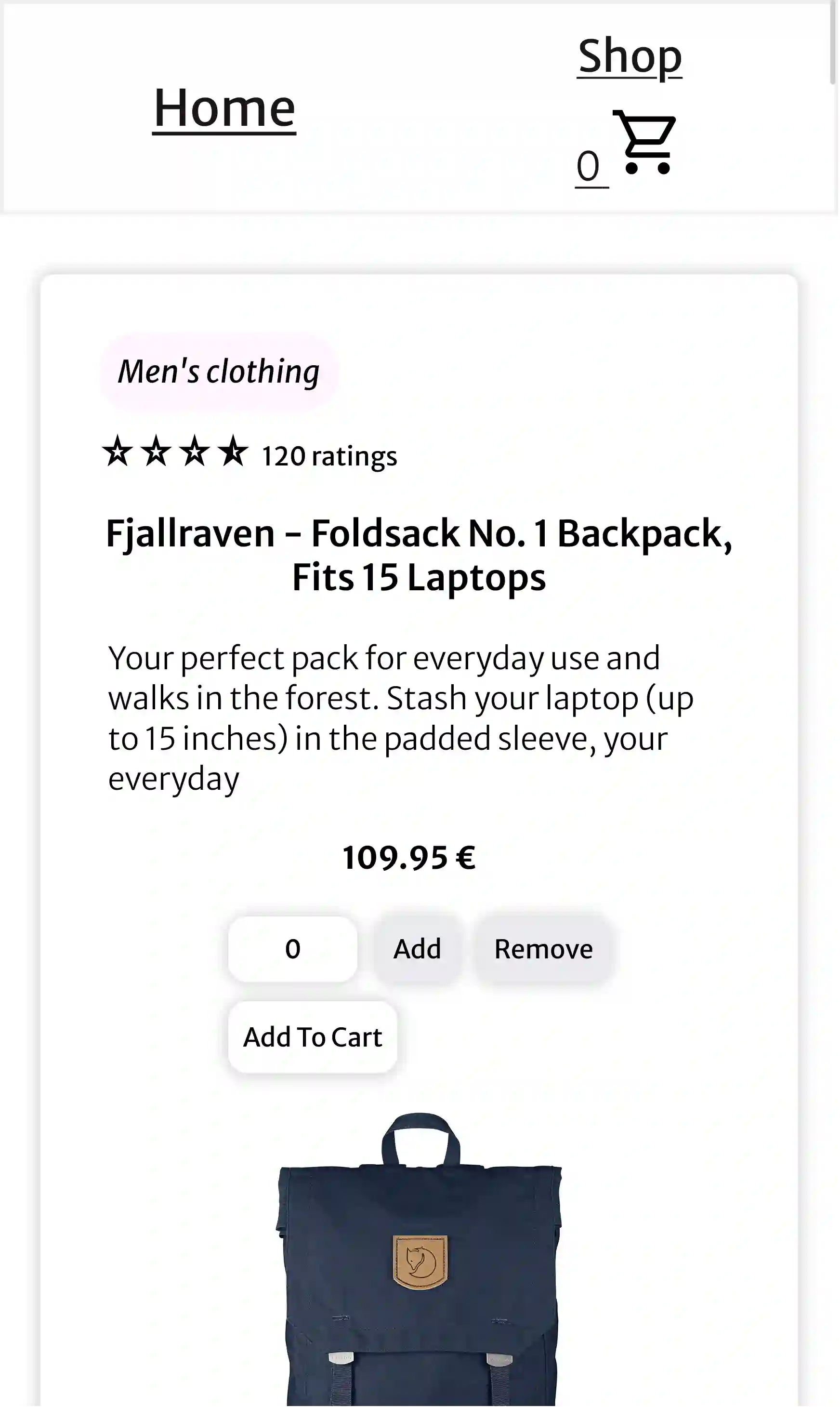Shop Page of the Project 'Shopping Cart', Mobile-view
